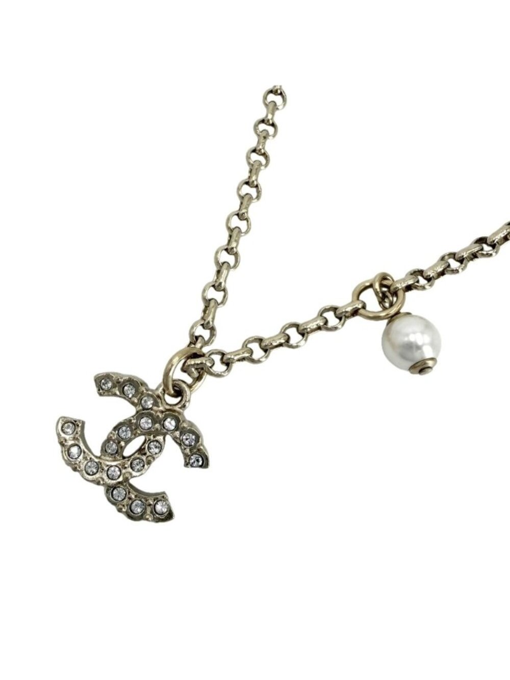 Chanel Necklace CC Logo Rhinestone Faux Pearl Gold